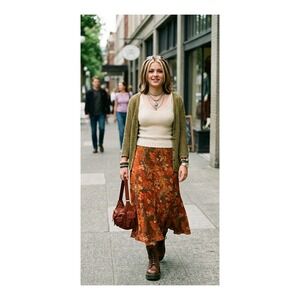 Vintage Silk Floral Midi Skirt Womens 14 Indie 90s Whimsigoth Earthy Grunge Y2k